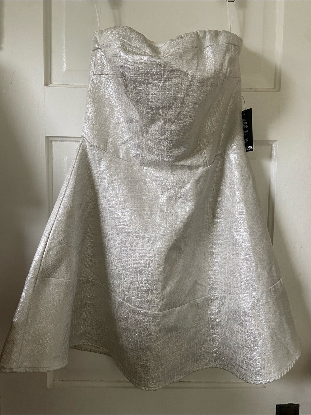 Express Strapless Metallic Silver Gown 12